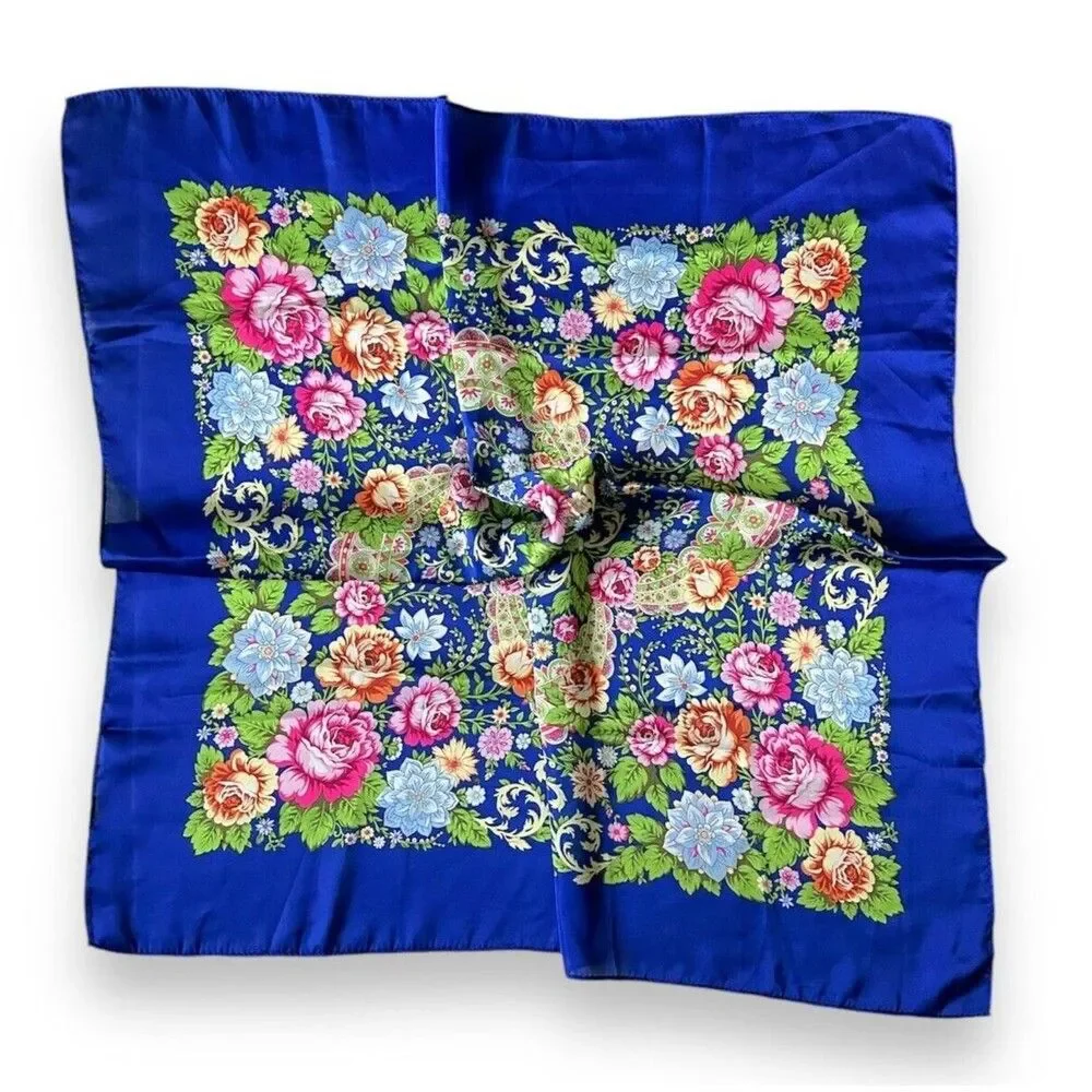 Blue Edges Pink Floral Vintage Scarf 26